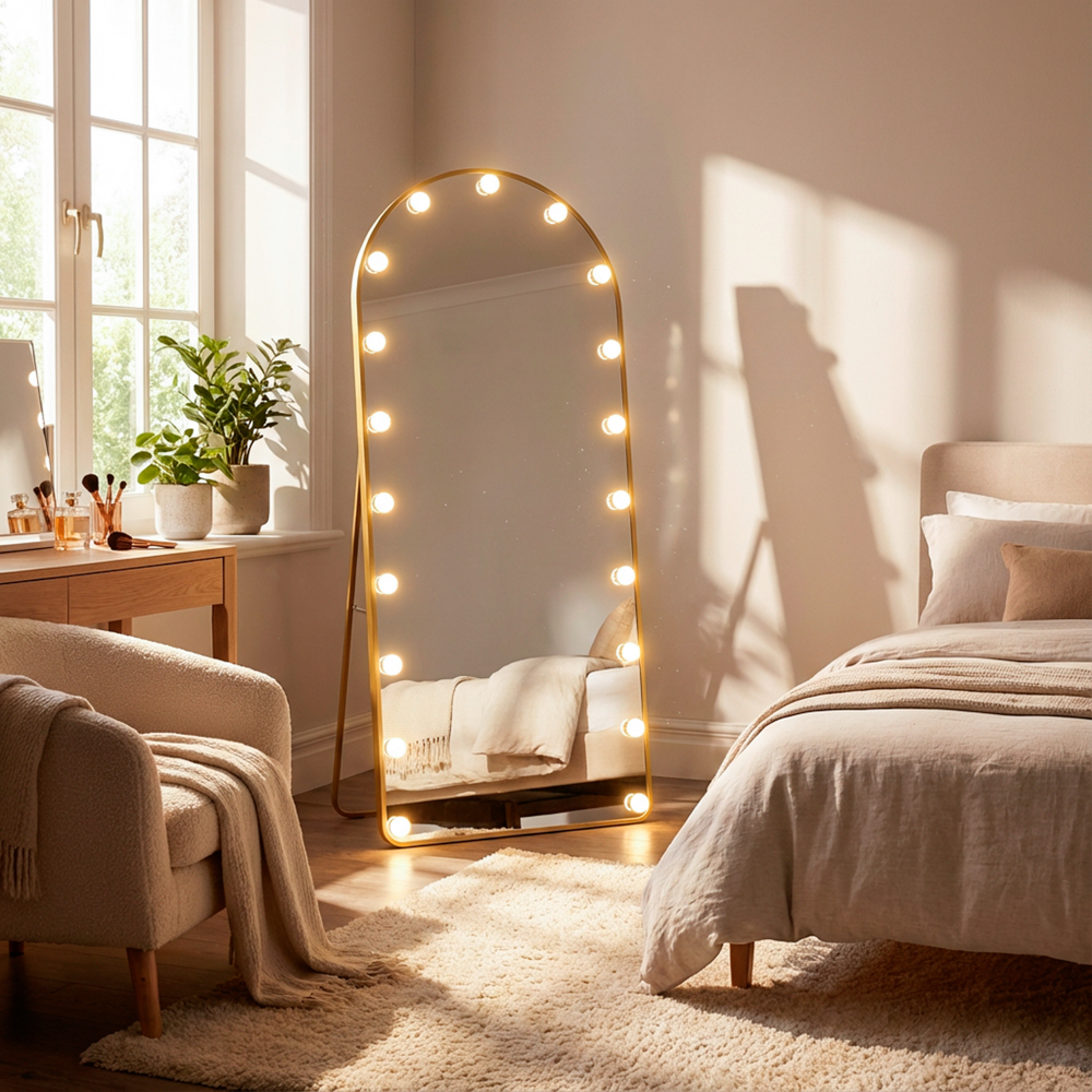 Led bulb modena cheval arch mirror gold 170 x 70cm 