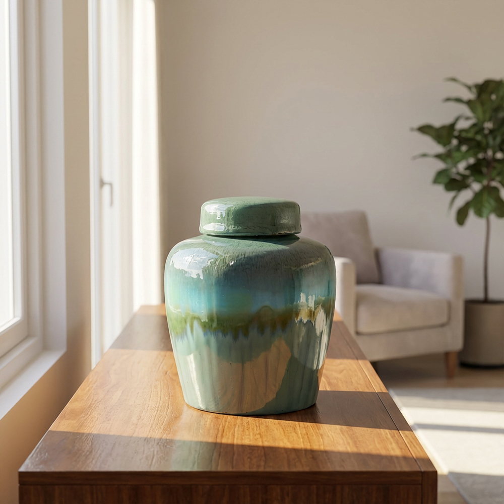 Reactive glaze lidded jar 15cm