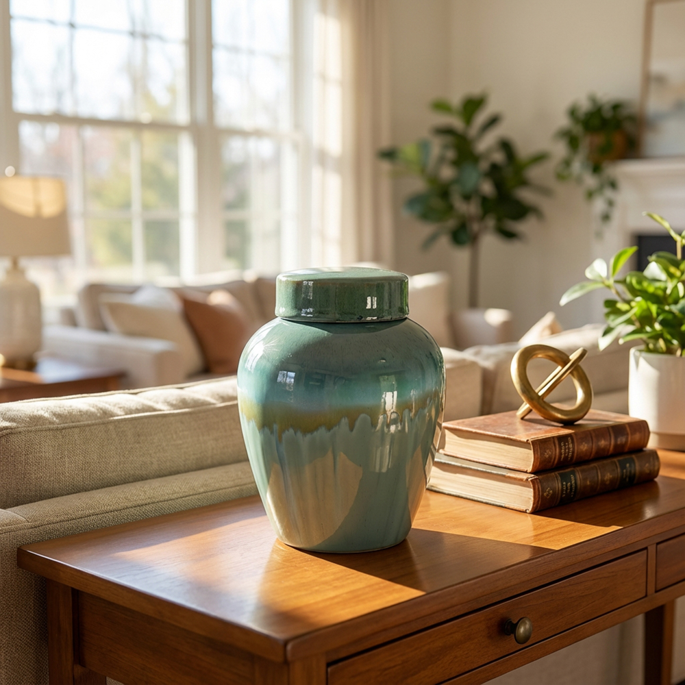 Reactive glaze lidded jar 19cm