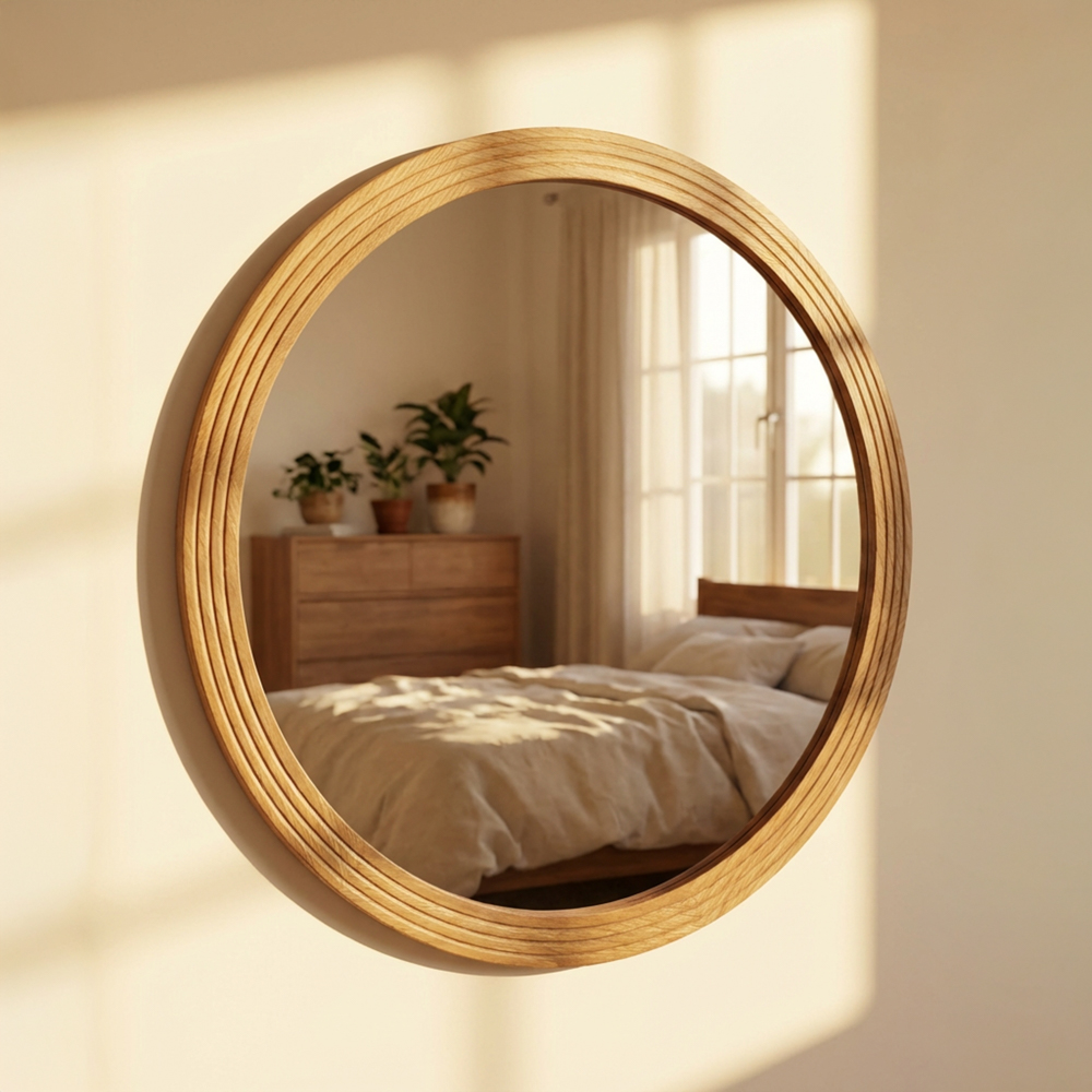 Stepped round wall mirror natural 90x90cm
