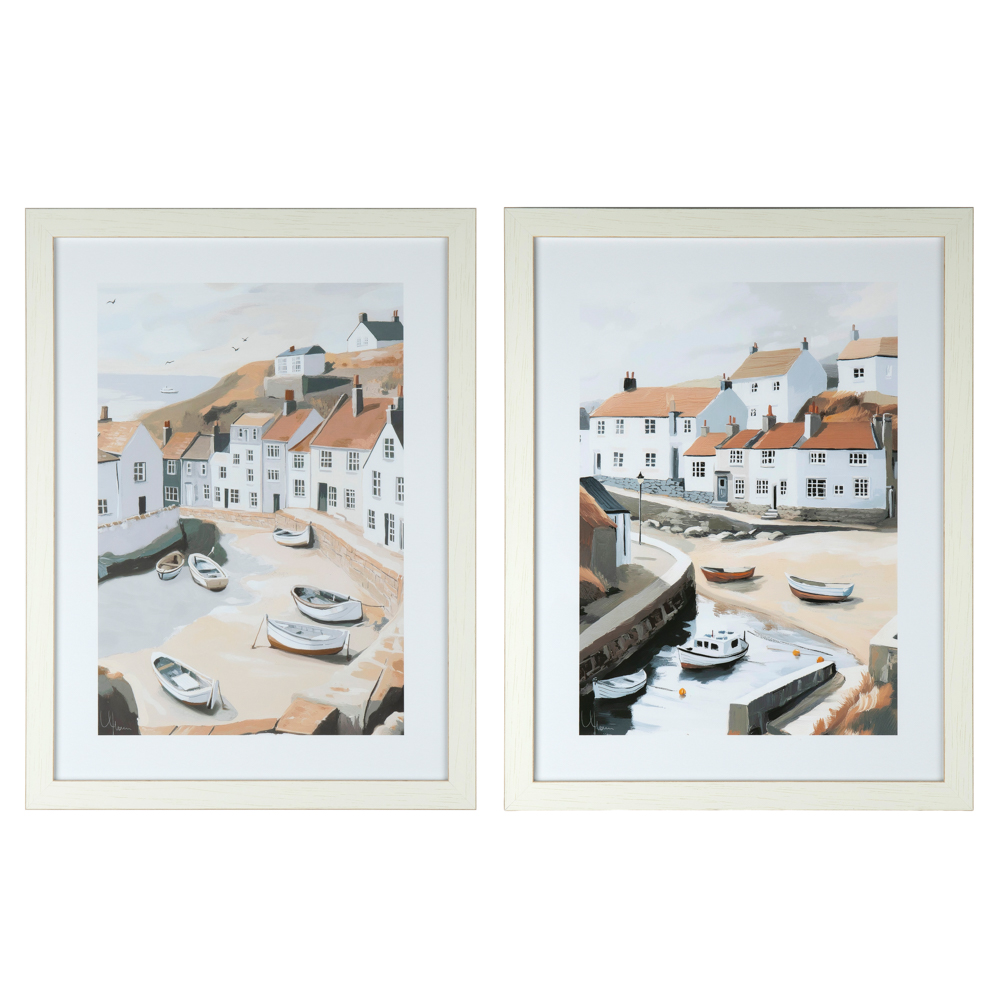 Framed print fishing boats/beached boats 58x45cm 2 asst