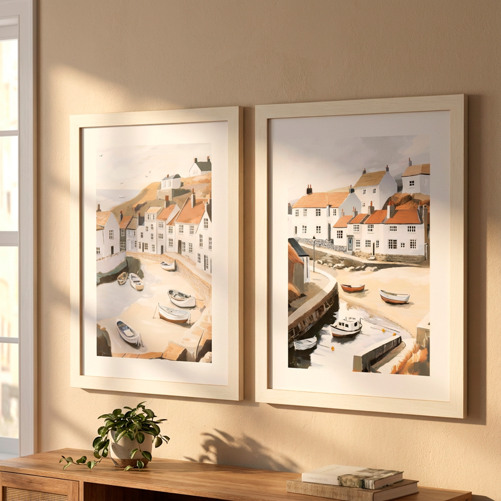 Framed print fishing boats/beached boats 58x45cm 2 asst