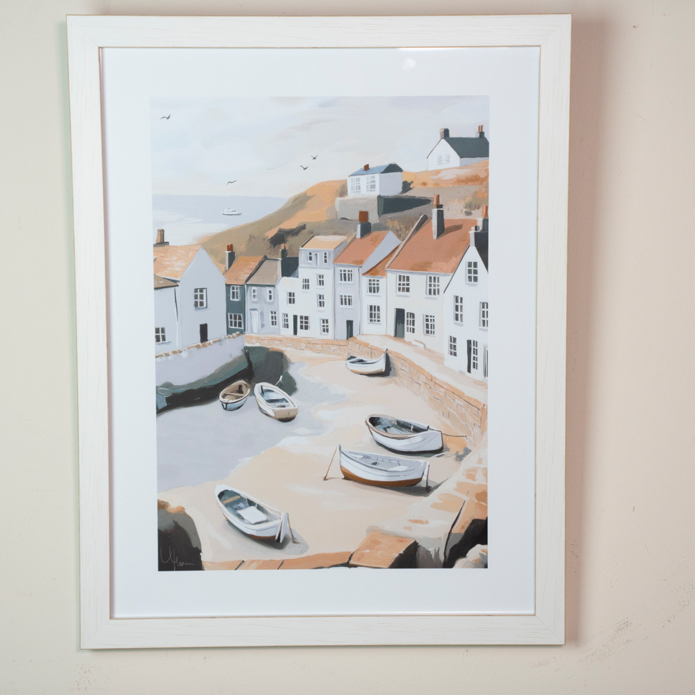 Framed print fishing boats/beached boats 58x45cm 2 asst