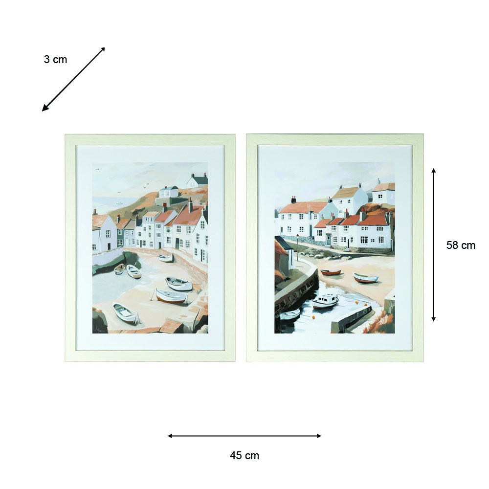 Framed print fishing boats/beached boats 58x45cm 2 asst