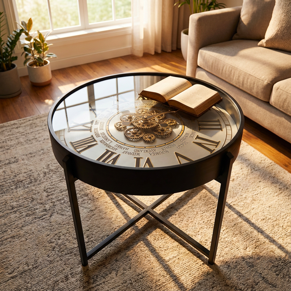 Old town gears clock side table champagne 55cm