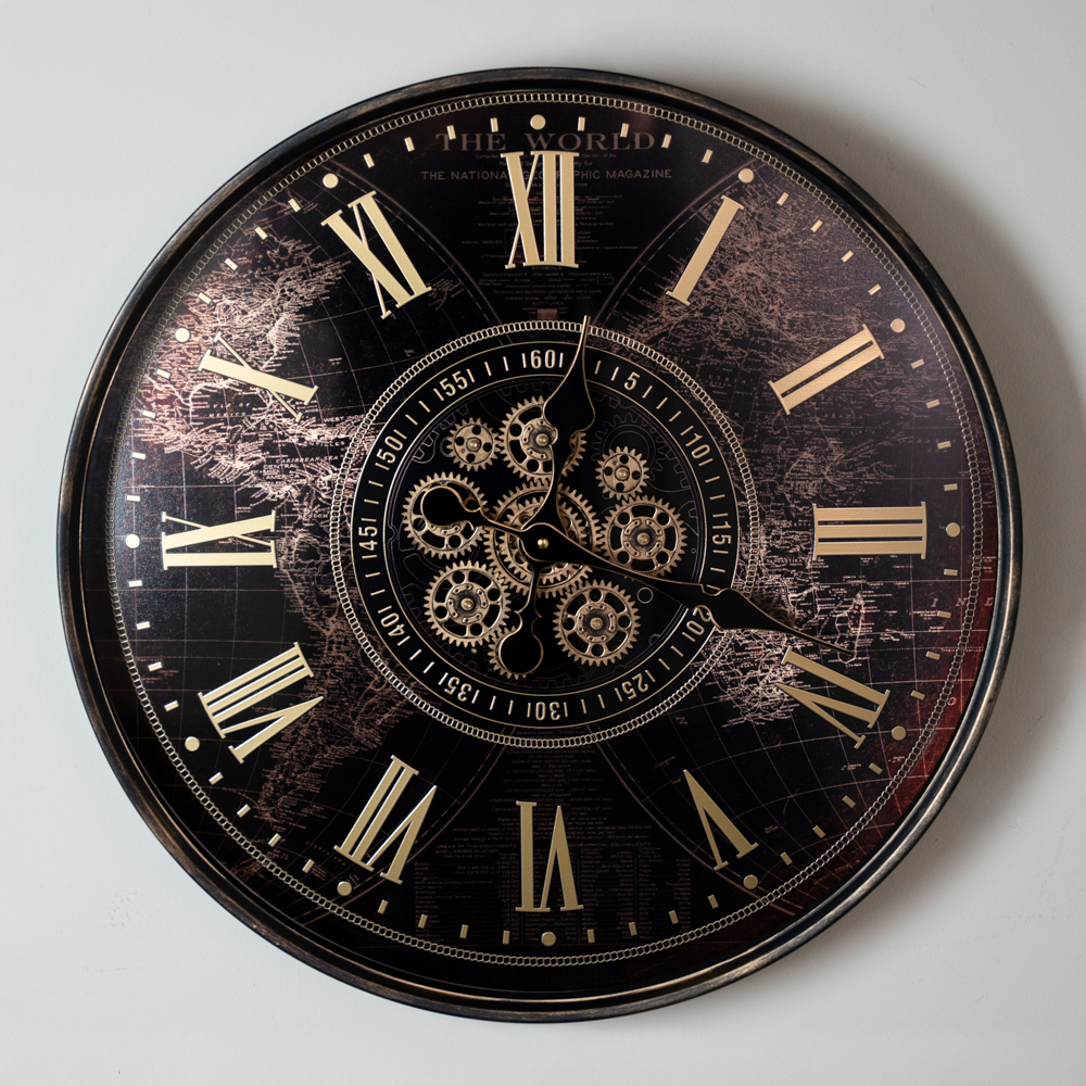 Old town gears map of the world clock 60cm
