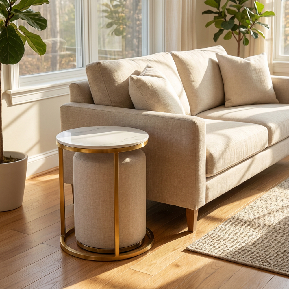 Vienna marble side table and pouffe set