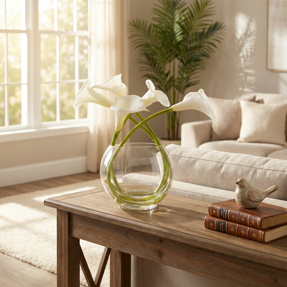 Real touch calla lillies vase with faux water 29cm