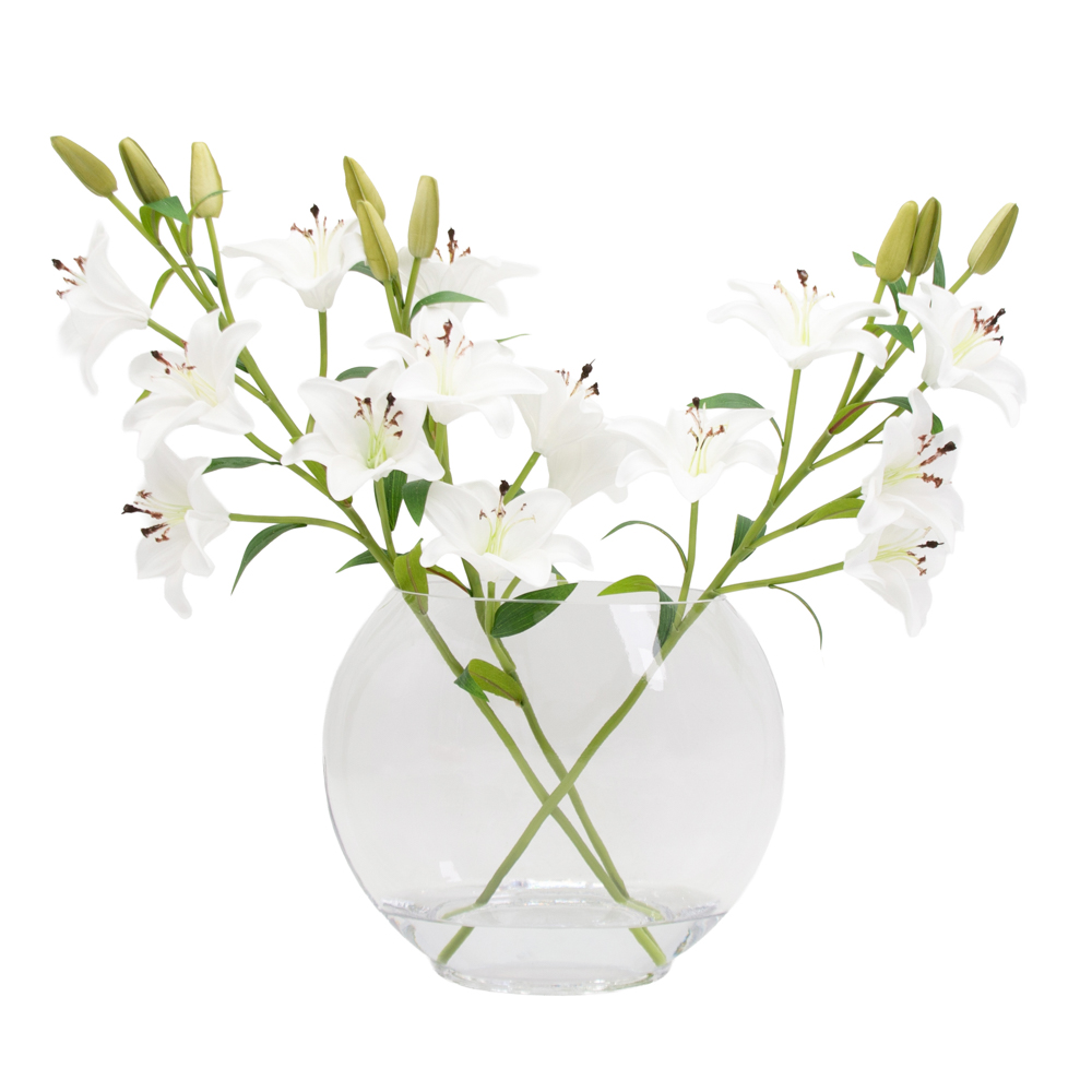Real touch lillies crossed stem vase with faux water 50cm