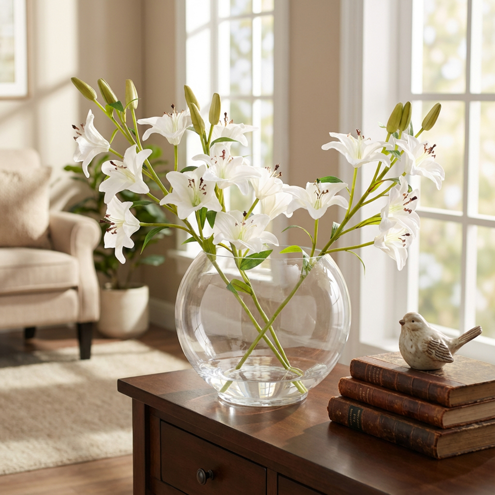 Real touch lillies crossed stem vase with faux water 50cm