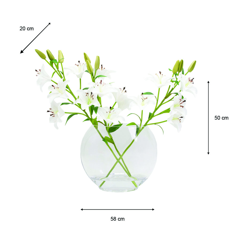 Real touch lillies crossed stem vase with faux water 50cm