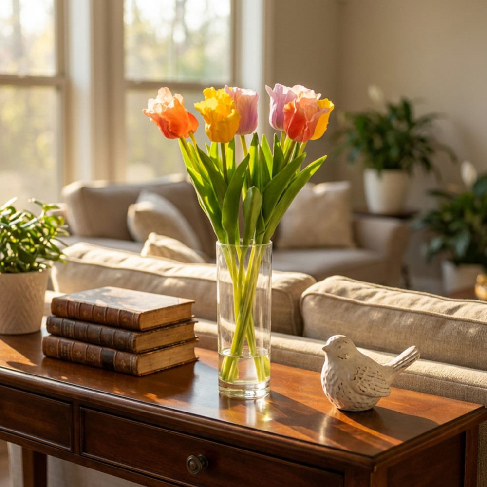 Real touch tulips bundle vase with faux water 33cm