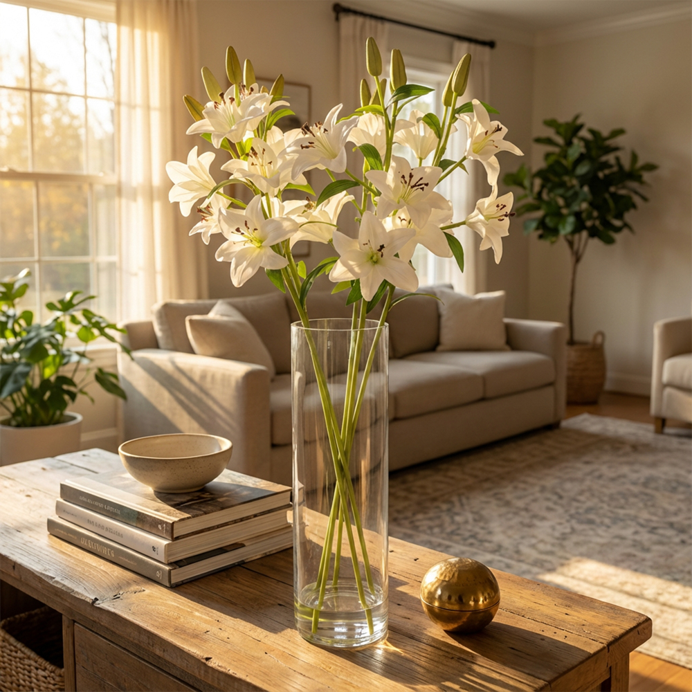 Real touch lillies vase with faux water 70cm