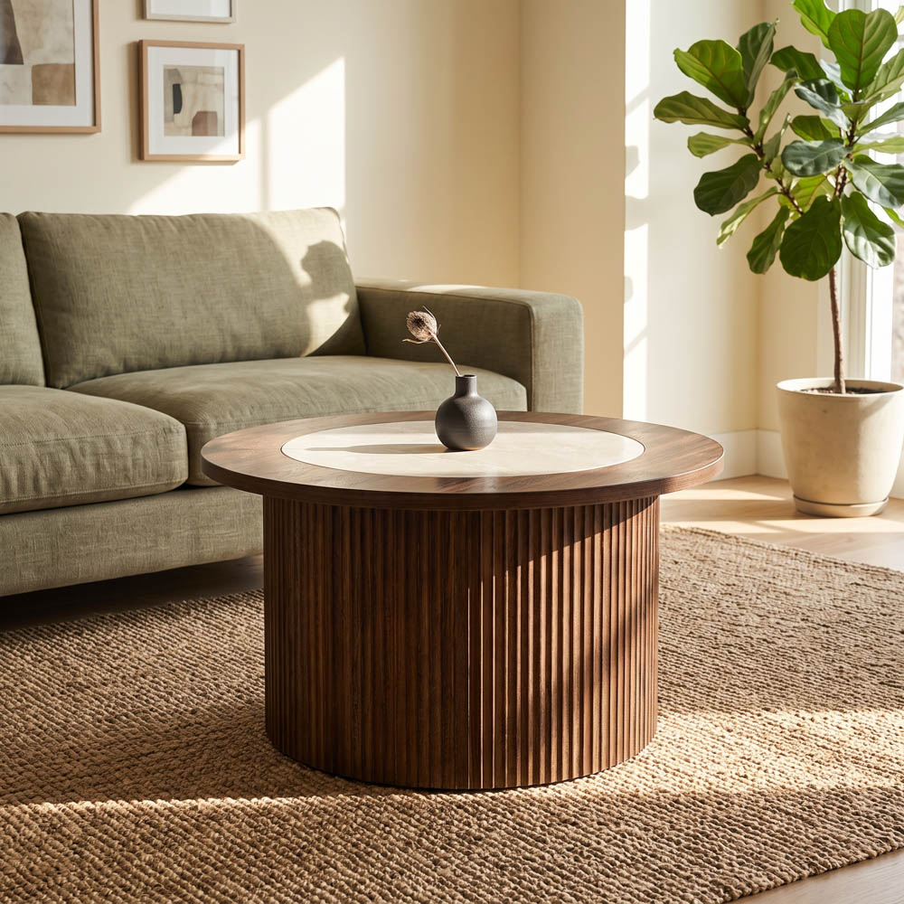 Sorrento round coffee table teak with porcelain top 78cm