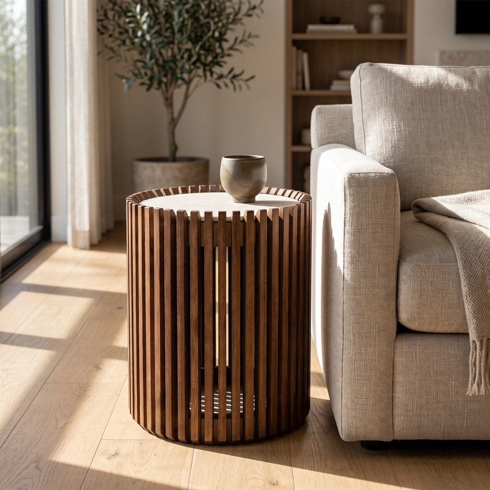 Ridges side table teak with porcelain top